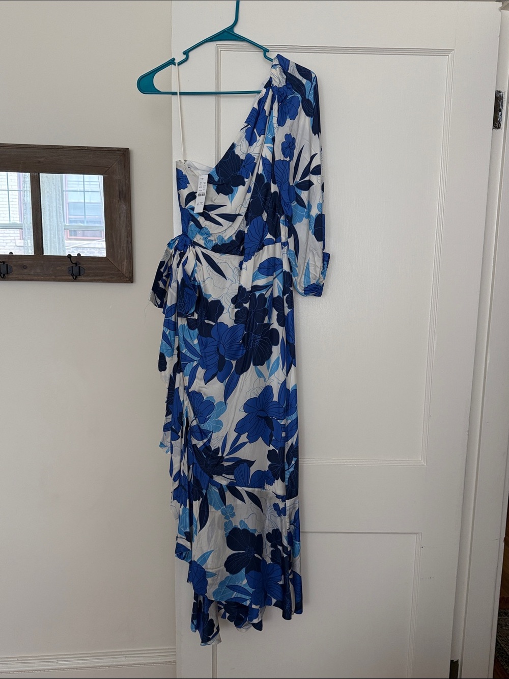 J. Crew Blue and White One-Shoulder Floral Wrap Dress